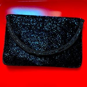 Black beaded clutch purse that converts to crossbody